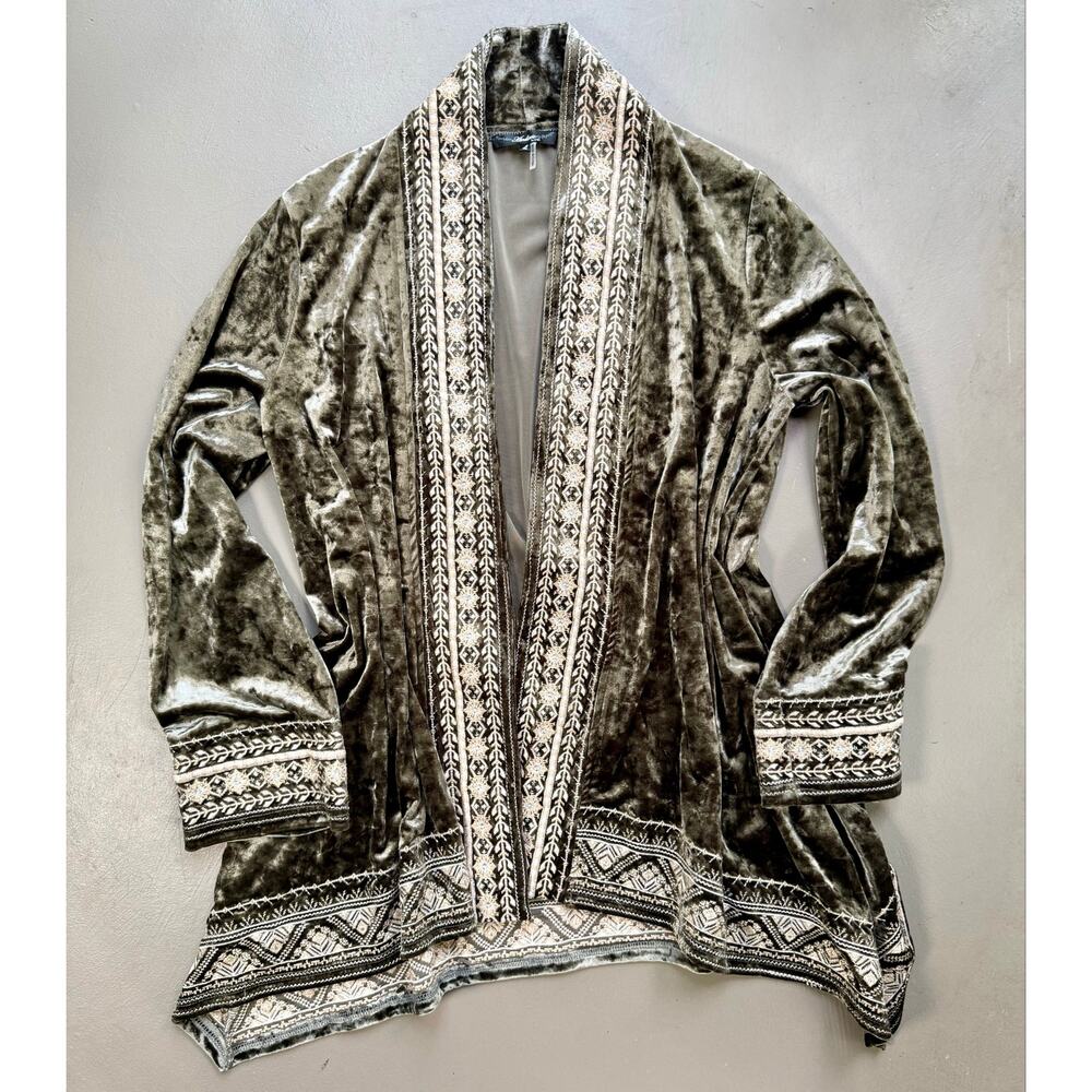 Boho Velvet Embroidered Kimono Cardigan Olive Green Open Front Large